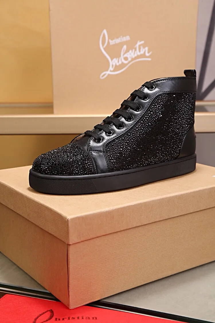 Ex-factory price 480. christian louboutin (CL red sole shoes) counter hot diamond series, high-top casual sneakers for couples 📢 📢 📢 Exclusive hot style release 🎈🎈💪 Movable latex feet 👻 Finished outsole sewing line [satisfied] 😝Female 35-40# Male 38#-46, global supply😝 [Top version]: original imported cowhide upper, top original leather lining, original molded TPU outsole, original 1:1 detail processing, original shoe last, large quantity available from stock,